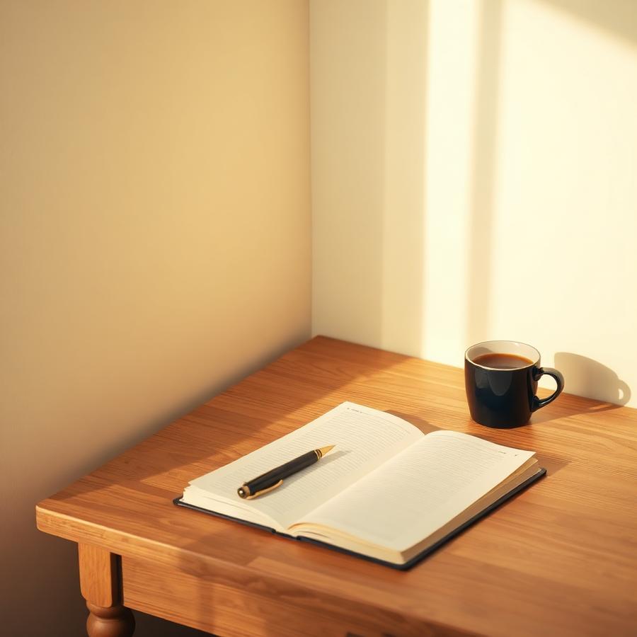 An open notebook and pen on a wooden desk