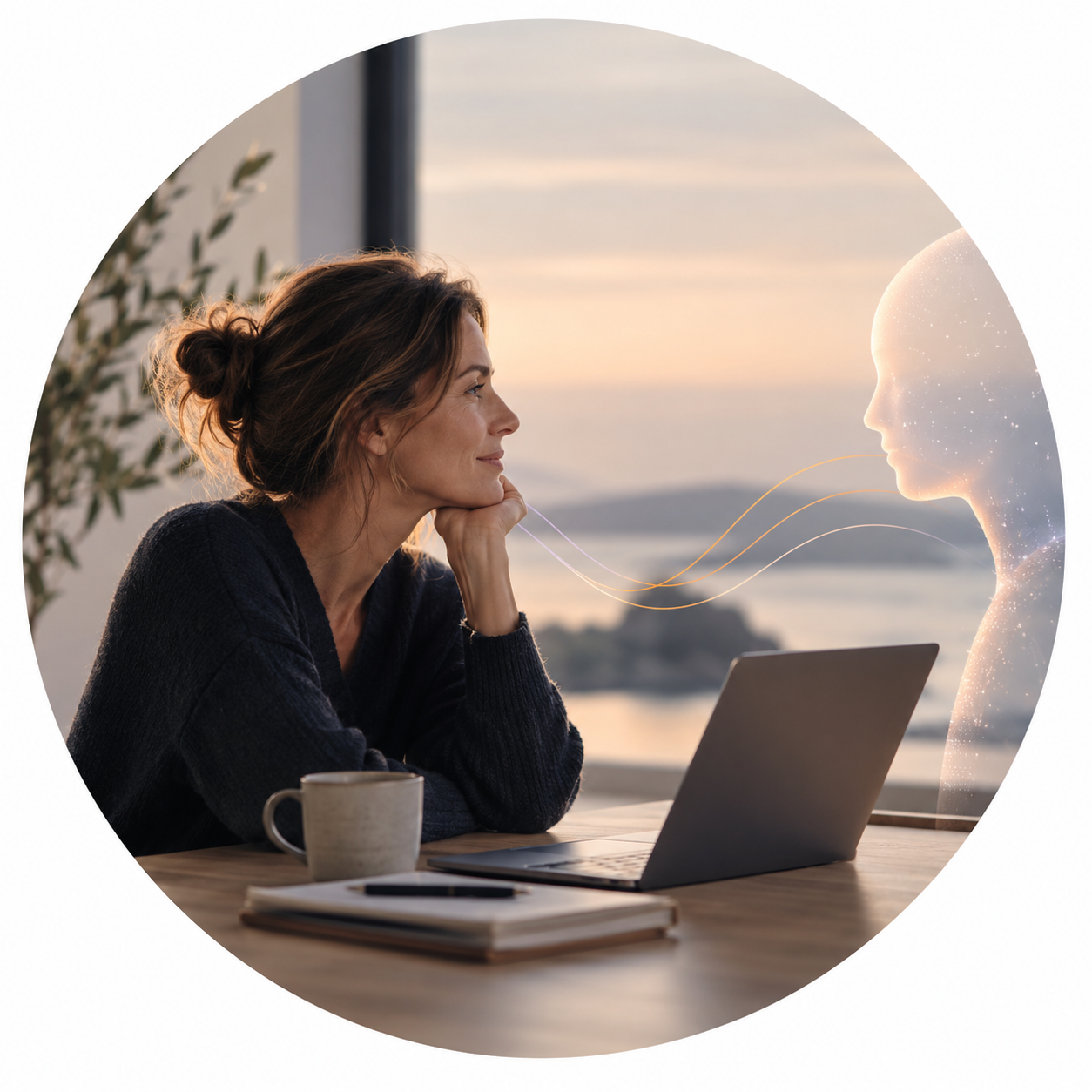 A woman reflecting at a laptop, facing a soft AI presence