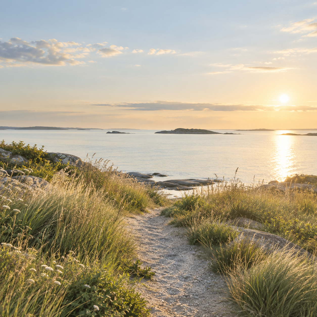 A warm coastal path at sunset
