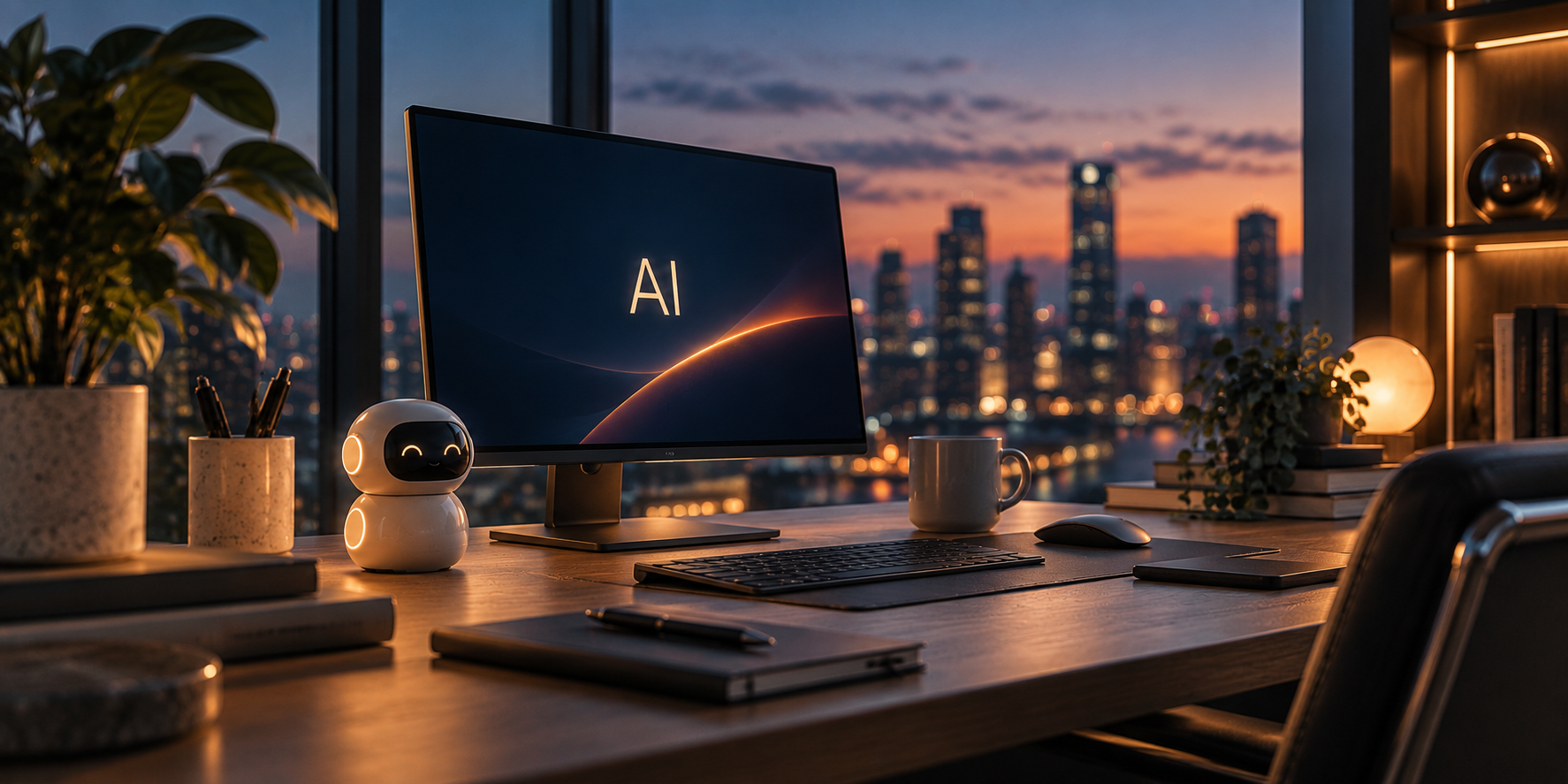 A desk at dusk with a screen showing AI, a small robot and a city skyline through the window