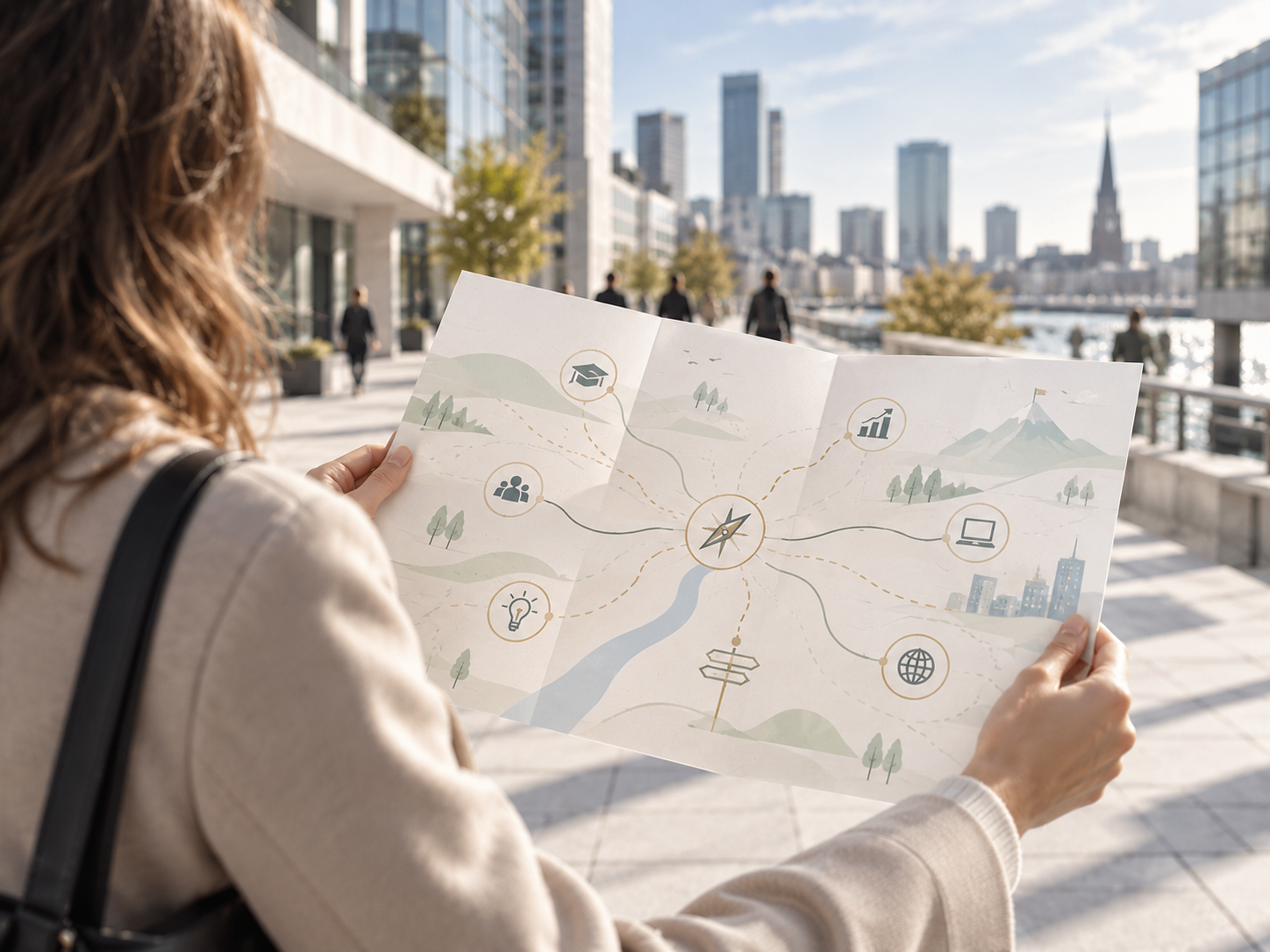 A person holding a career map with paths, compass and possibilities