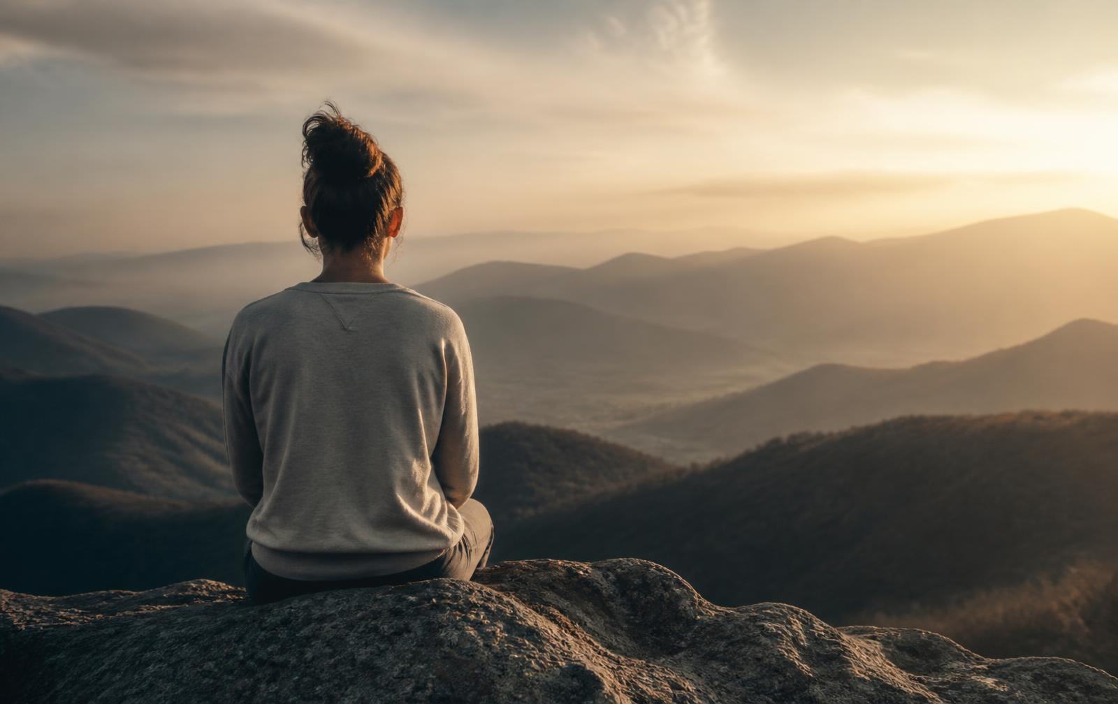 A woman sitting on a rock looking out over a hazy landscape
