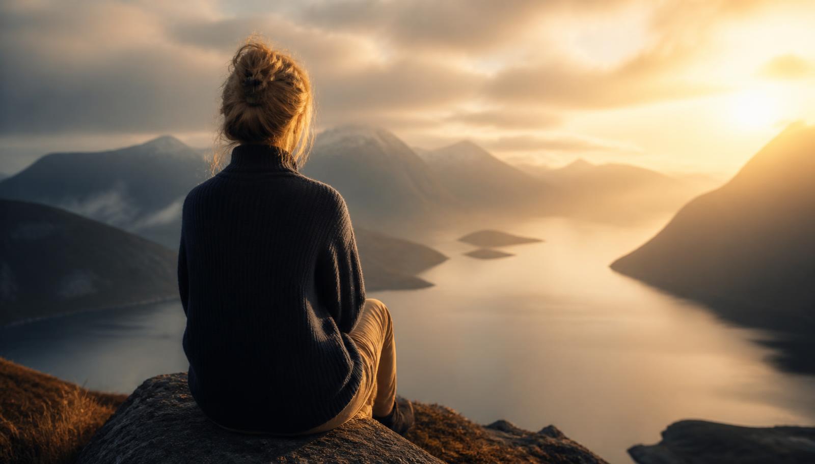 A woman sitting on a rock looking out over a fjord at sunset