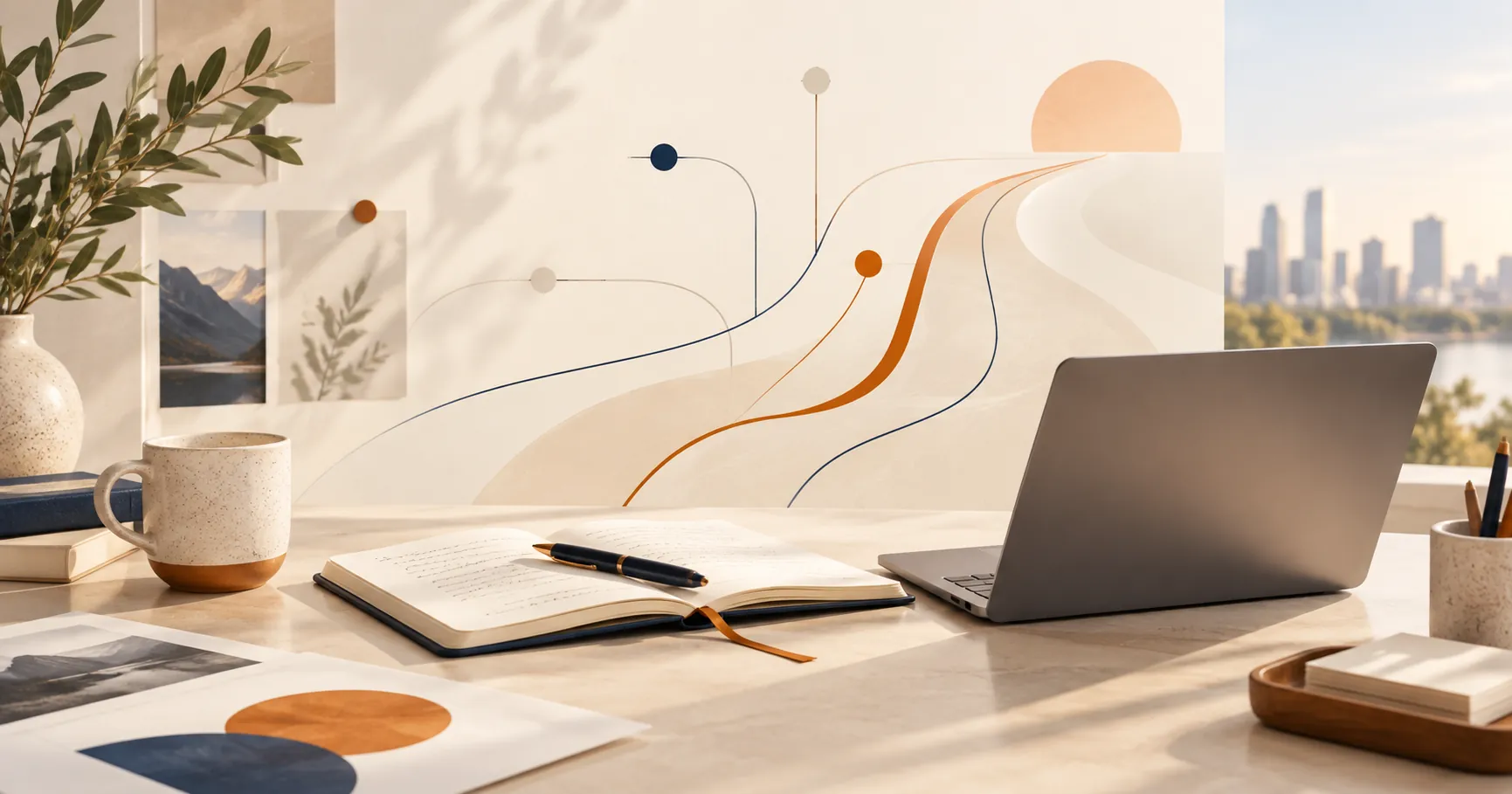 A calm workspace with a notebook, laptop and an illustration of branching career paths