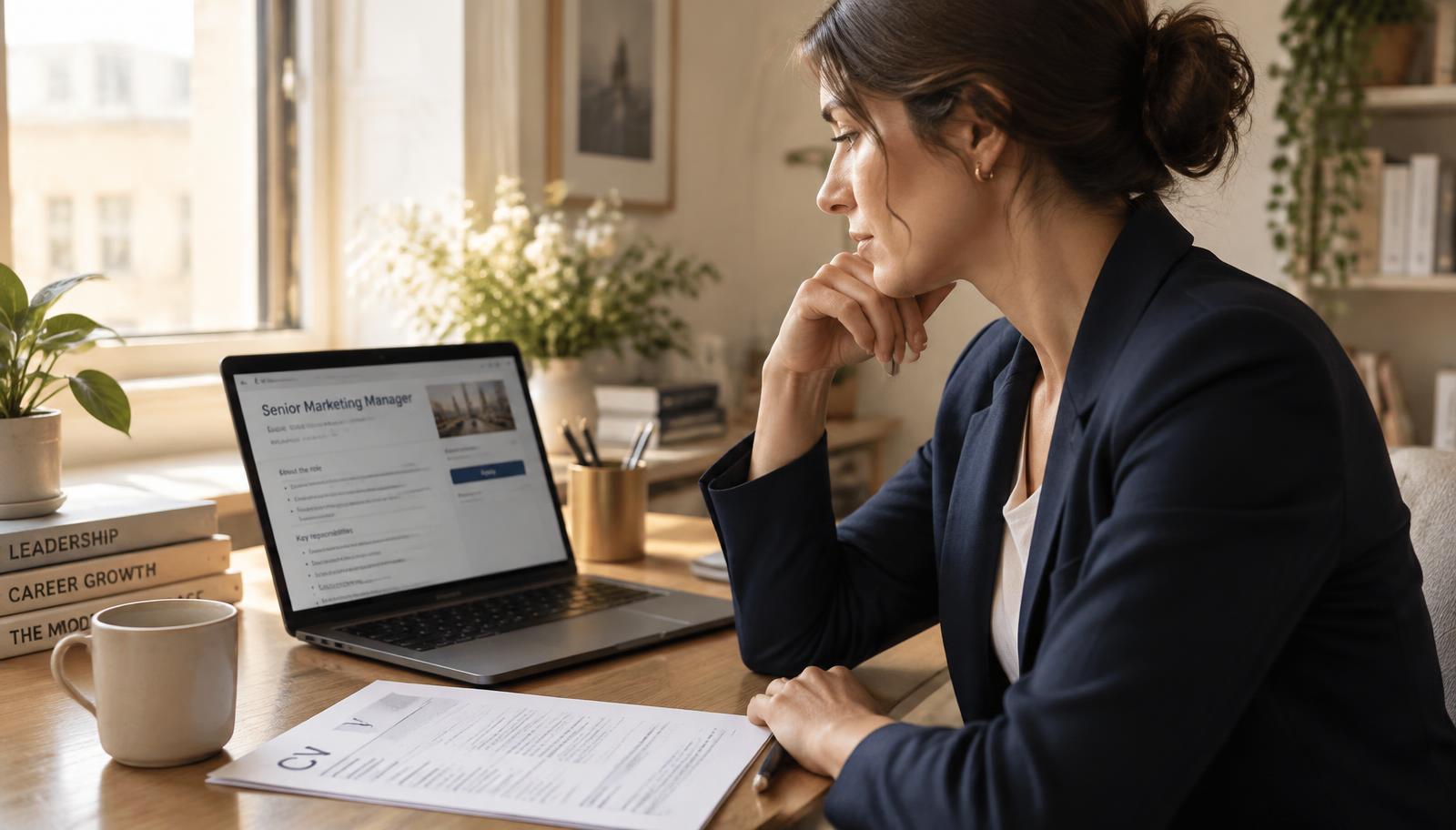 A professional reading a job advertisement on a laptop with a printed CV on the desk